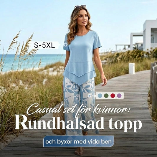 👗 50% RABATT NU! 🌿 Casual Rund Hals Layered Tunika & Vida Byxor Set – Asymmetrisk Fåll, Mönstrade Byxor & Andningsbar ✨