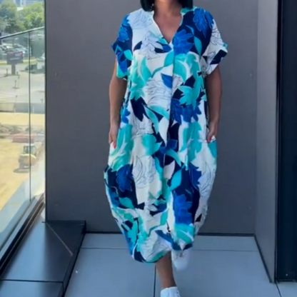 👗50% RABATT! 🌸 Elegant V-halsad Klänning med Tryck för Kvinnor – Flytande Tyg, Smickrande Passform & Perfekt för Våren ☀️