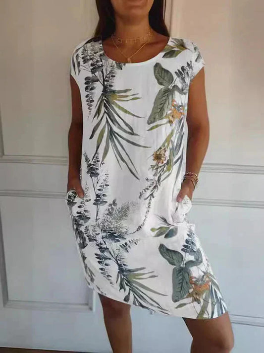 💕Damklänning i bomulls-linneblandning med rund halsringning och växtmönster