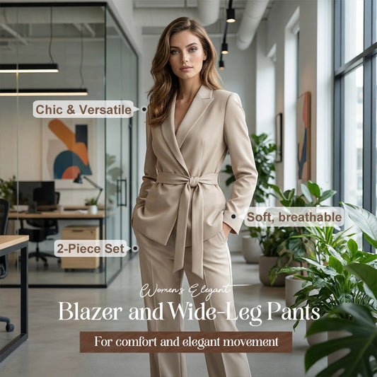 👔 60% RABATT! ✨ Elegant Kostymset för Kvinnor – Kavaj med Knytbälte & Vida Byxor, Sofistikerad Look 👖