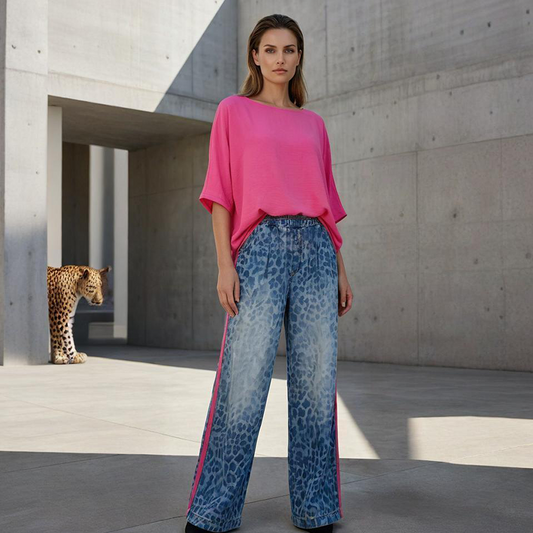 ⏳Tidsbegränsat erbjudande⏰Livlig rosa top och vågad leopardmönstrad byxbåt👚👖