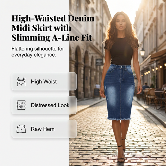 👗 50% RABATT 🔥 | Denimkjol med Hög Midja & Slitna Kanter – A-linje & Vintage-tvätt