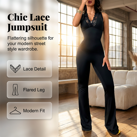 Elegant jumpsuit med spets, V-ringning och utsvängda ben