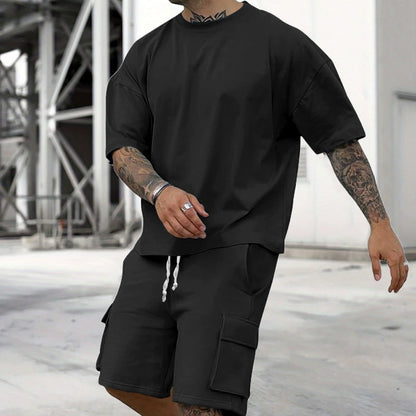 Herrarnas Casual Set med Kortärmat T-Shirt och Shorts
