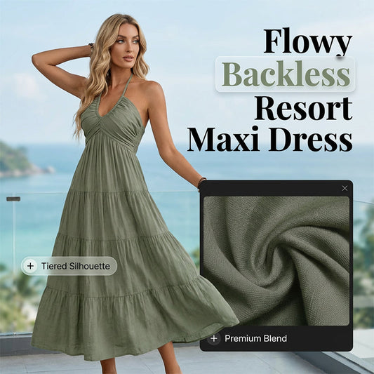 👗 50% RABATT NU! 🌴 Damernas Halterneck Baklös Maxiklänning – Volang, Flödande, Resortstil 🌺