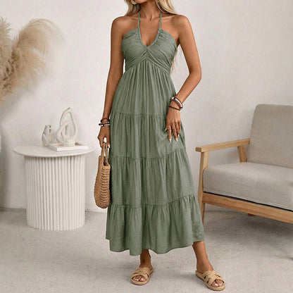 👗 50% RABATT NU! 🌴 Damernas Halterneck Baklös Maxiklänning – Volang, Flödande, Resortstil 🌺