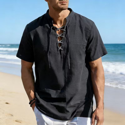 👕 50 % RABATT NU! 🏖️ Kortsluten herrskjorta med snörning – i andningsbar linneblandning ☀️